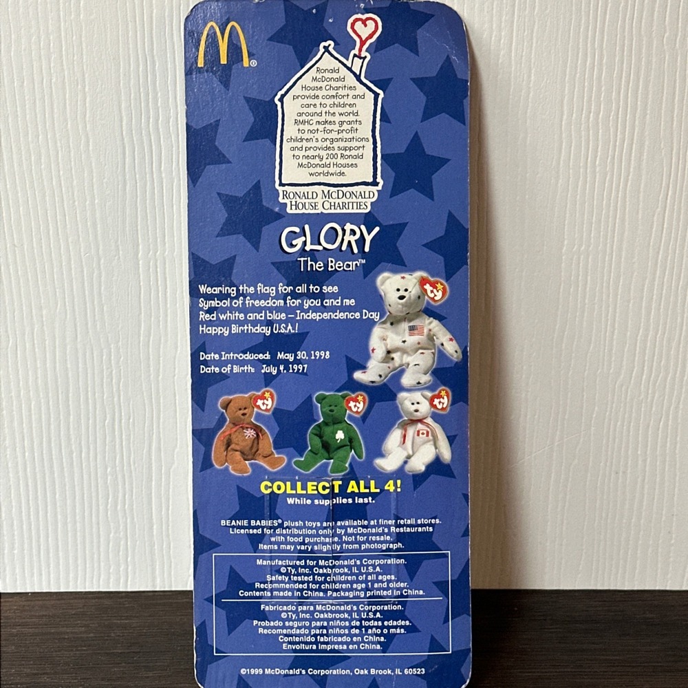Ty McDonald's Teenie Beanie Baby Glory the Bear Patriotic Star Flag 1999 NIP - Picture 3 of 4